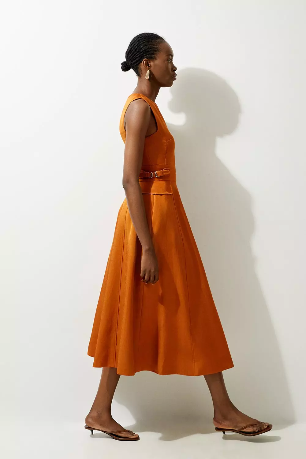 Premium Linen Tab Waist Detail Full Skirt Tailored Midi