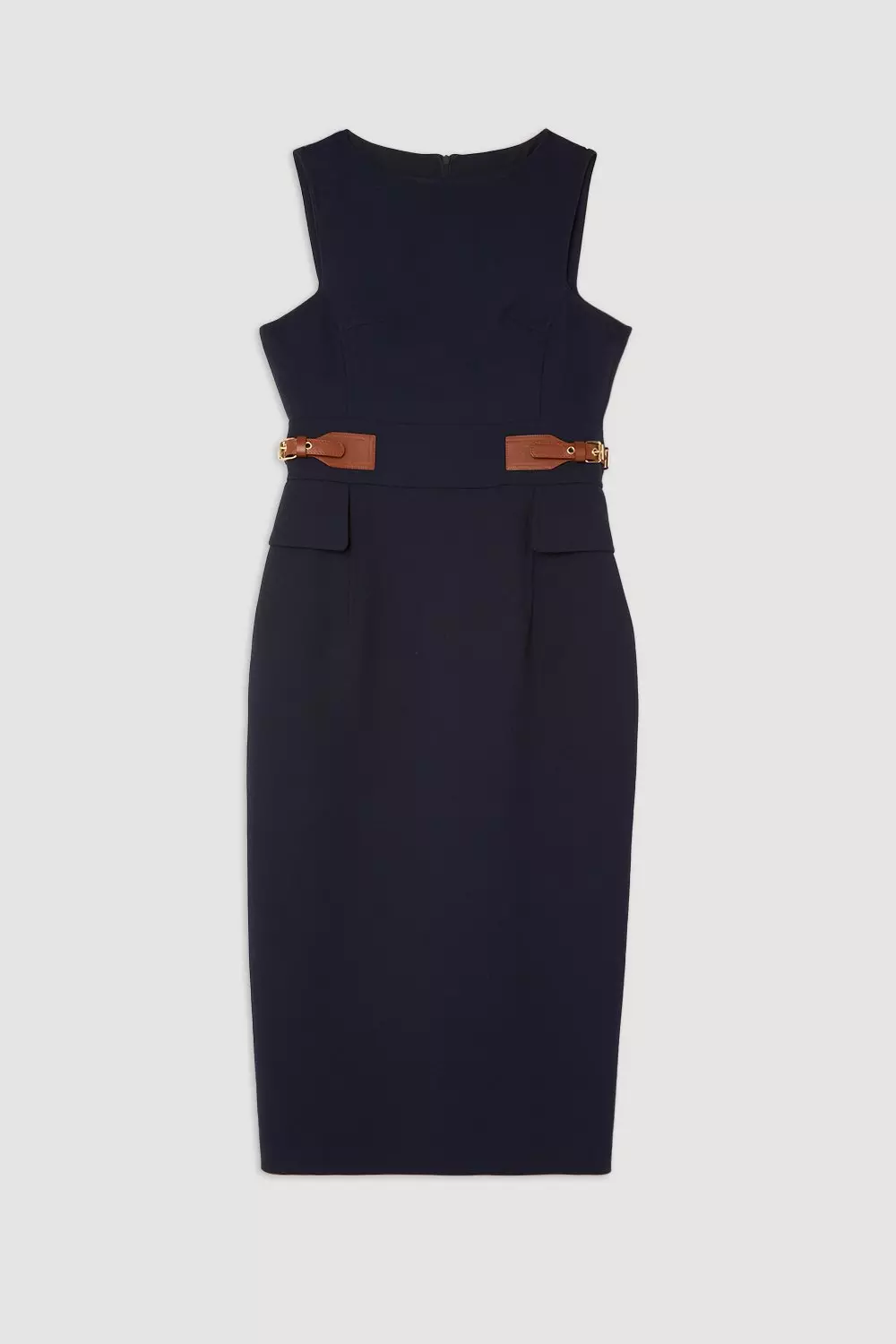 【Karen Millen】コンパクトストレッチ タブ フルスカートドレス Compact Stretch Tailored Pu Tab Detail Midi Dress | Karen Millen