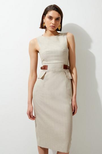 Linen Tab Waist Detail Tailored Midi Dress natural