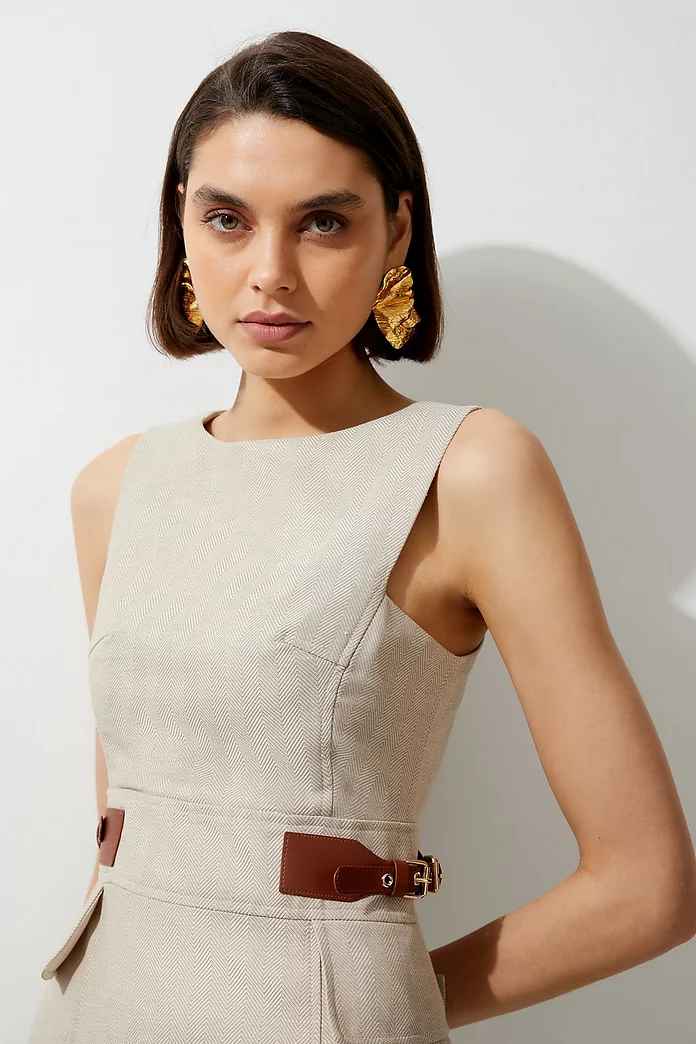 Premium Linen Tab Waist Detail Tailored Midi Dress | Karen Premium Linen Tab Waist Detail Tailored Midi Dress | Karen