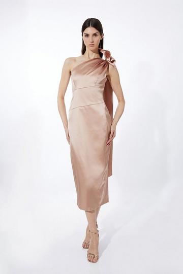 Champagne Beige Petite Italian Satin Drape Shoulder Tailored Midi Dress