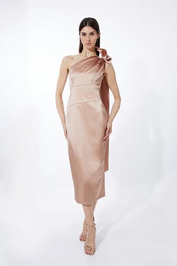 Champagne Beige Italian Satin Drape Shoulder Tailored Midi Dress