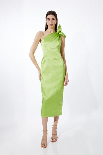 Green Italian Satin Drape Shoulder Tailored Midi Dress