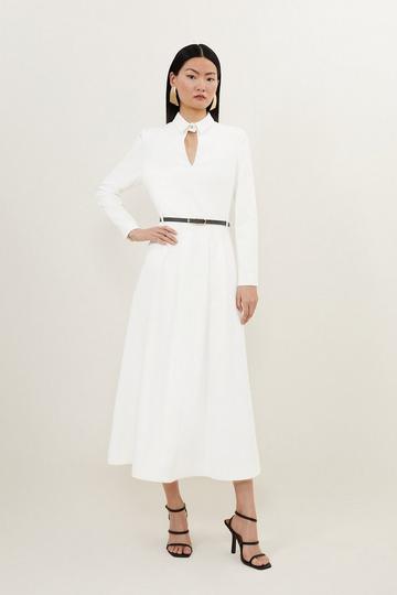 Clean Tailored Pleat Detail Full Skirted Shirt Dress ivory