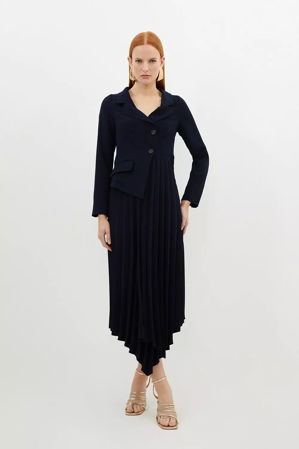 Tailored Crepe Asymmetric Pleated Skirt Blazer Midaxi Dress Karen Millen