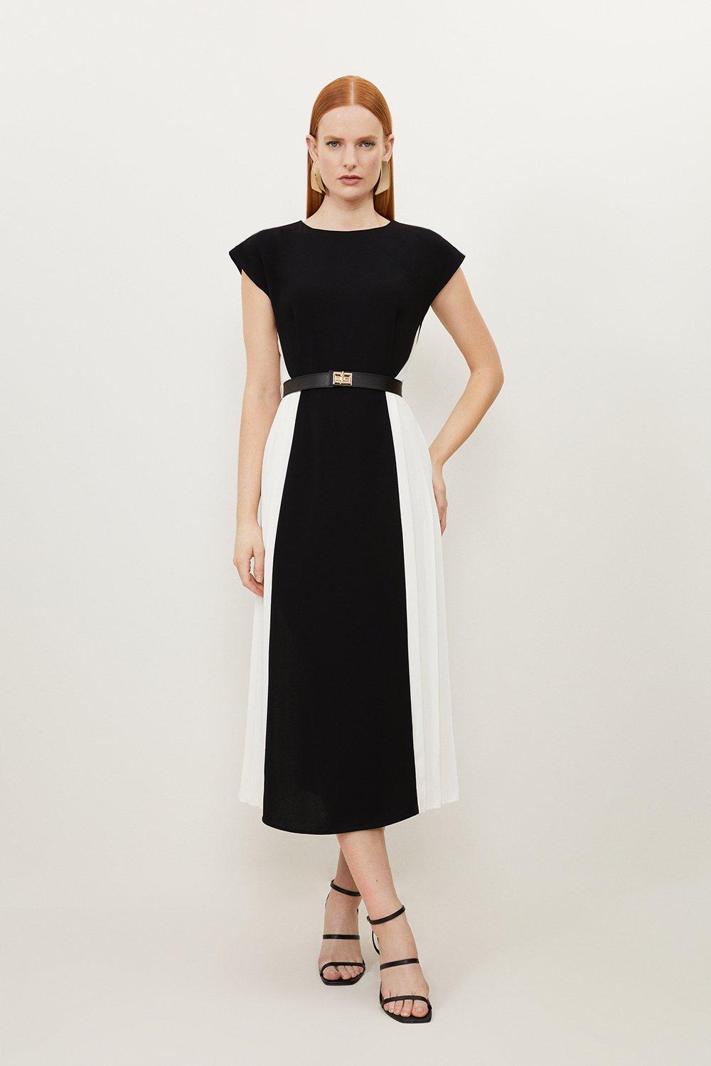 Fluid Tailored Contrast Pleated Panel Skirt Midi Dress Karen Millen