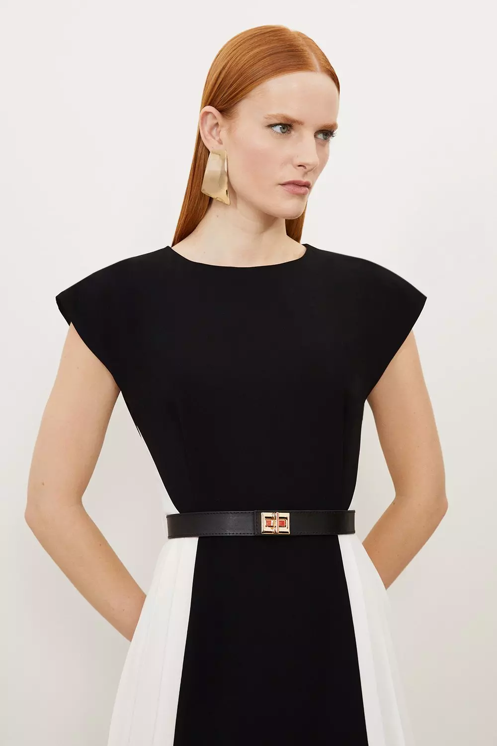 Fluid Tailored Contrast Pleated Panel Skirt Midi Dress