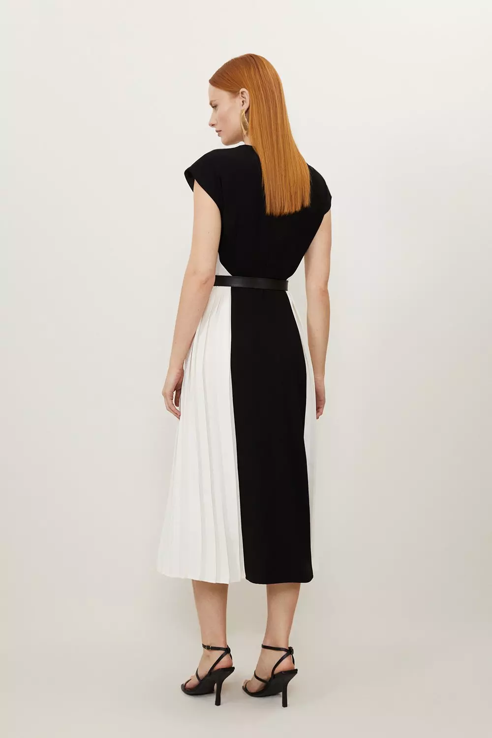 Fluid Tailored Contrast Pleated Panel Skirt Midi Dress