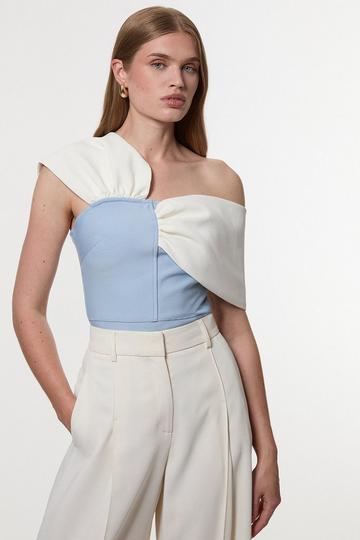 Blue Figure Form Bandage Knit Asymmetric Strap Top