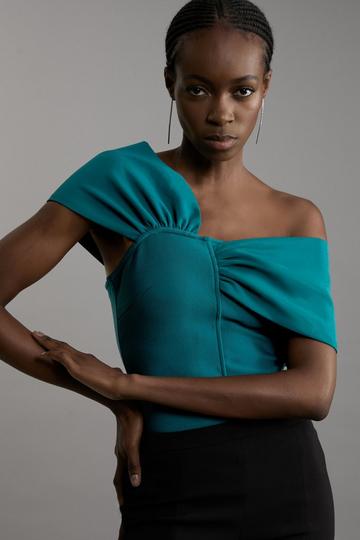 Figure Form Bandage Knit Asymmetric Strap Top teal