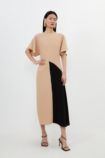 Fluid Tailored Colour Block Panel Full Skirted Midi Dress mono