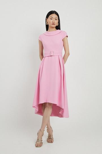 Pink Petite Structured Crepe Roll Neck Dip Hem Cap Sleeve Dress