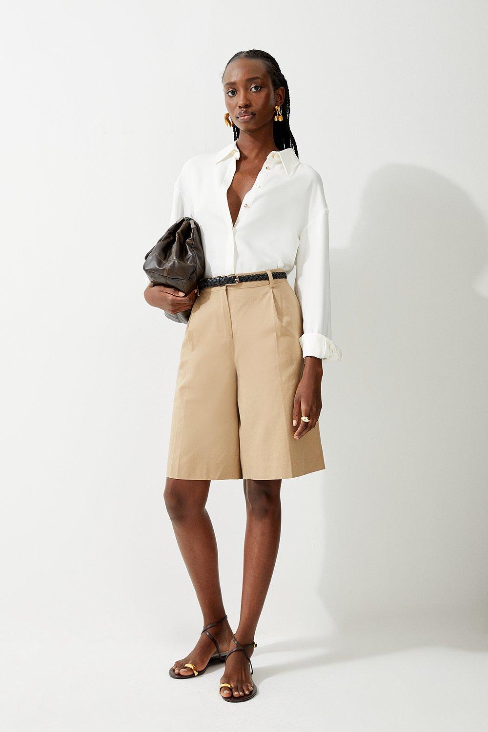 Tan Tencel Pleated Tailored Shorts