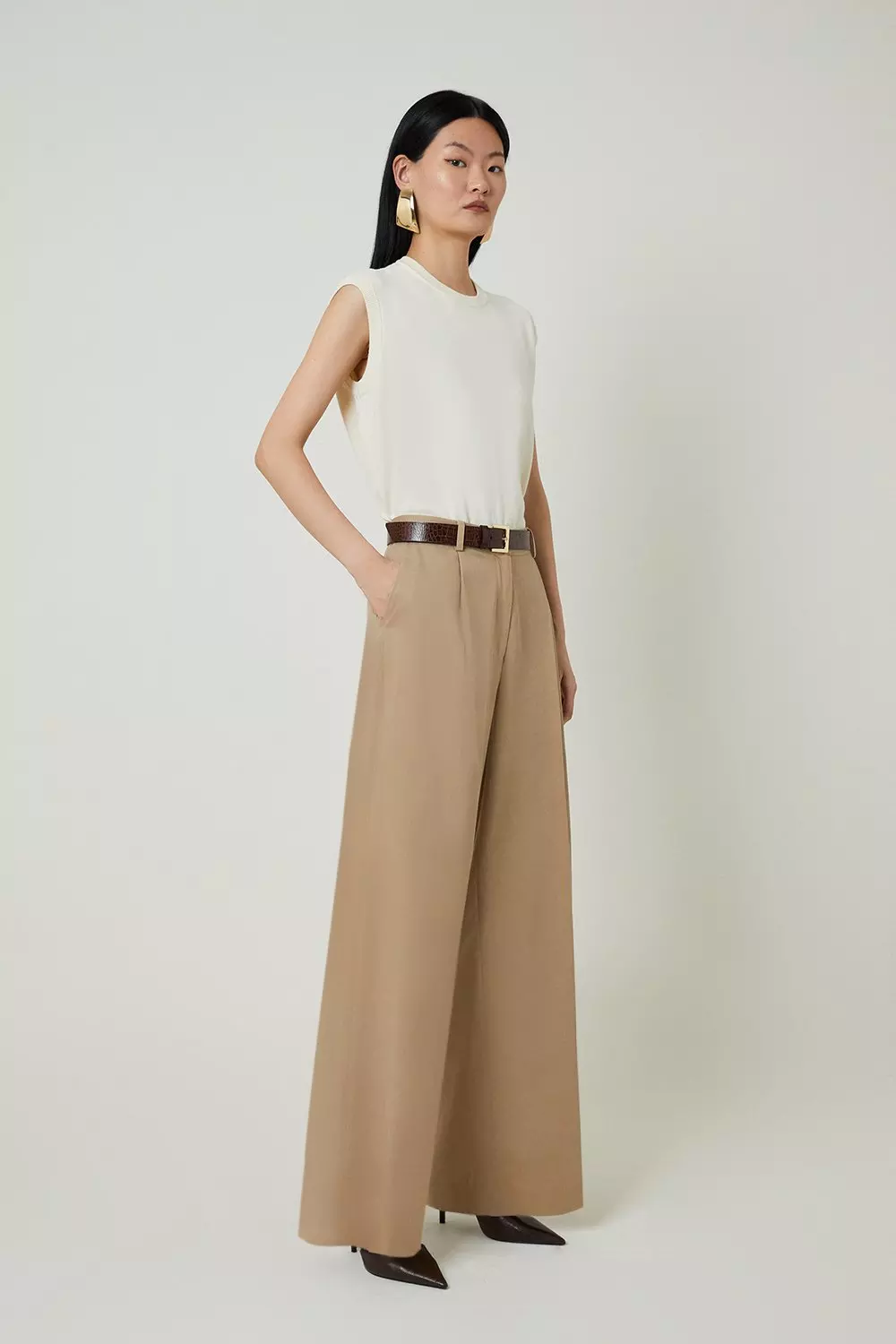 Tan Petite Tencel Cotton Pleated Wide Leg Tailored Trousers alternative image