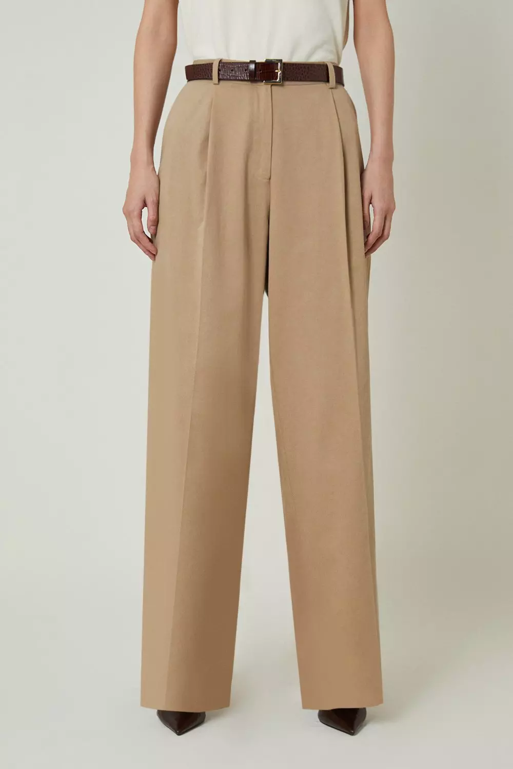 Tan Petite Tencel Cotton Pleated Wide Leg Tailored Trousers alternative image