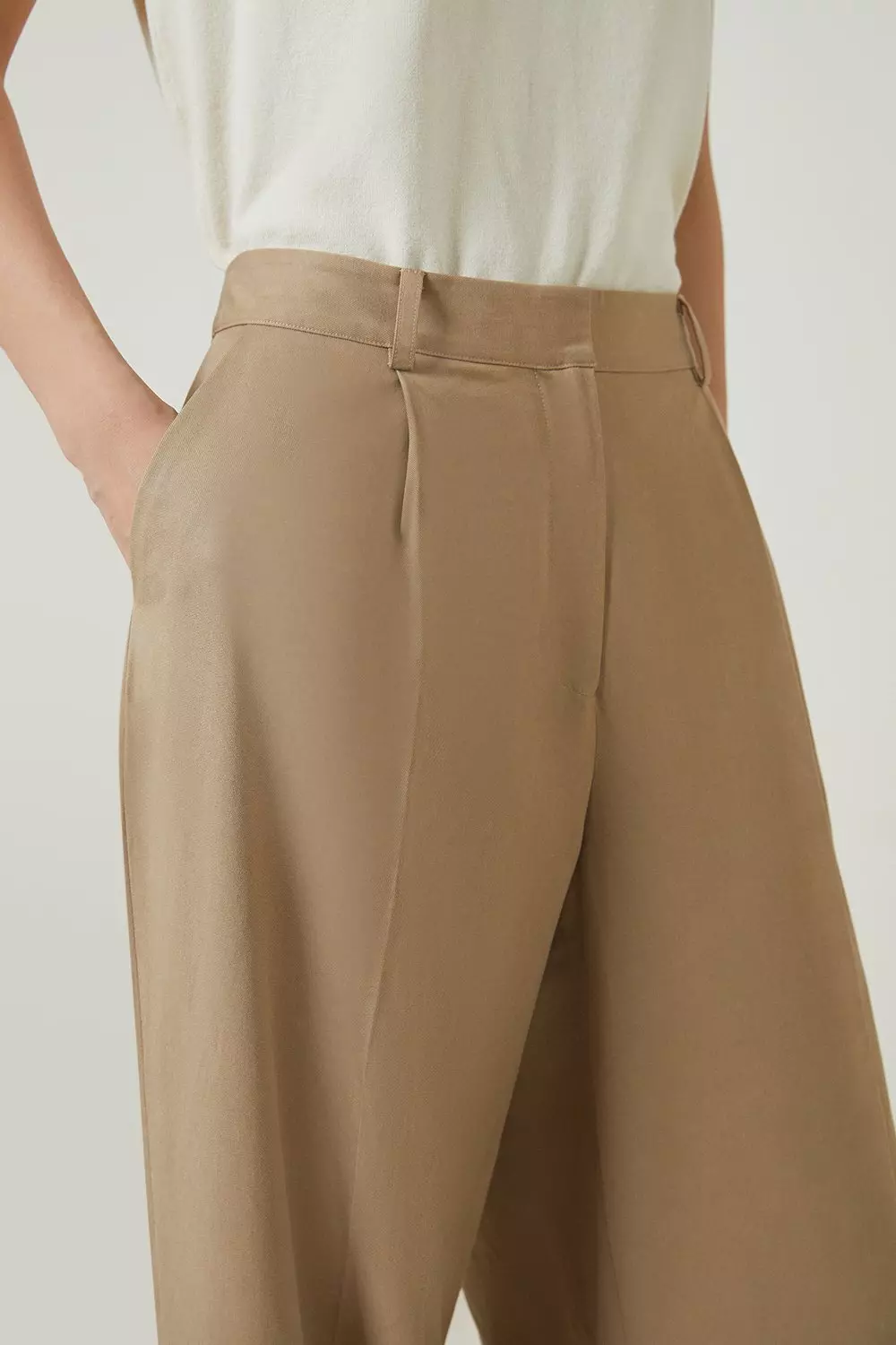 Tan Petite Tencel Cotton Pleated Wide Leg Tailored Trousers alternative image