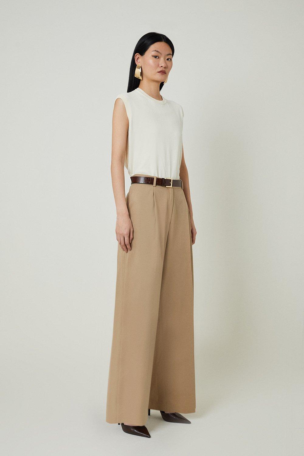 Tan Tencel Cotton Pleated Wide Leg Tailored Trousers