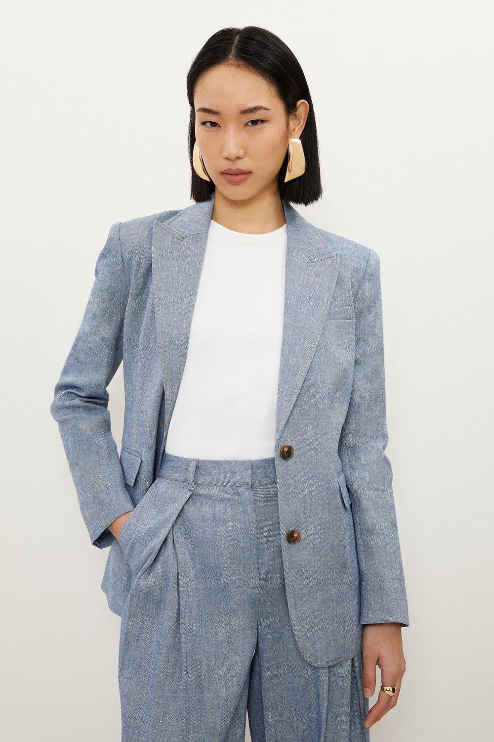 Blue Tailored Denim Look Linen Single Breasted Jacket