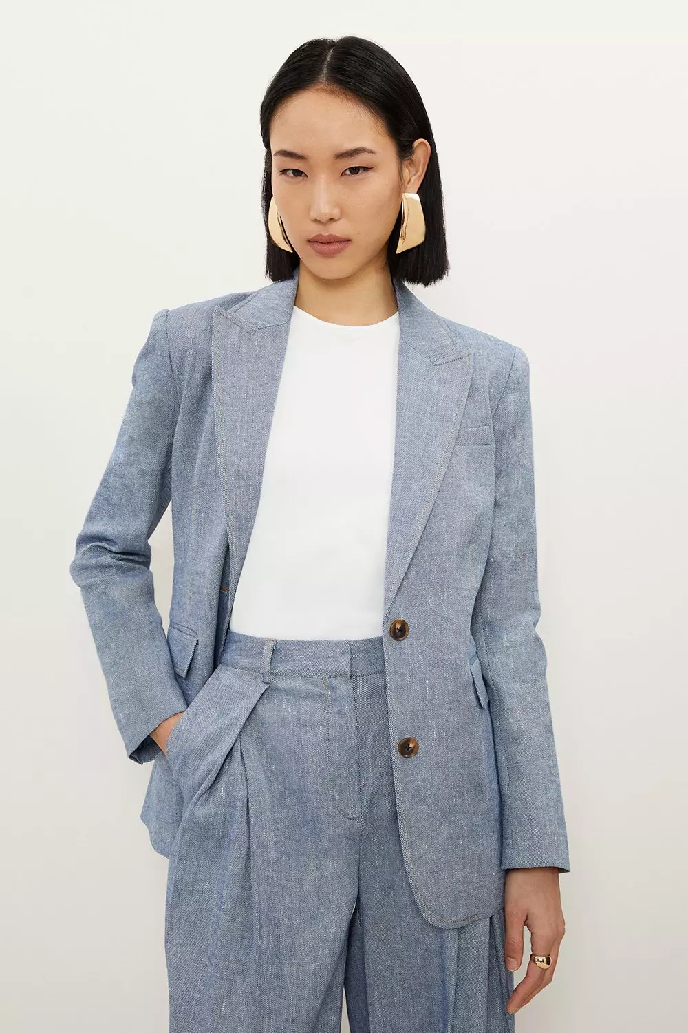 Tailored Denim Look Linen Single Breasted Jacket Karen Millen