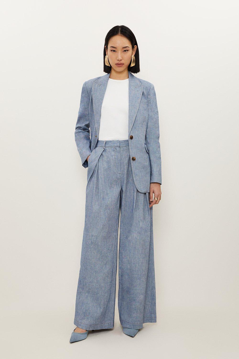 Blue Tailored Denim Look Linen Wide Leg Pants