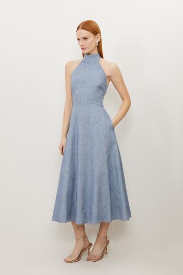 Blue Petite Tailored Denim Linen Strappy Full Skirted Midi Dress