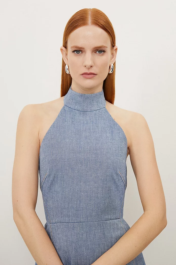 Petite Tailored Denim Linen Strappy Full Skirted Midi Dress Petite Tailored Denim Linen Strappy Full Skirted Midi Dress