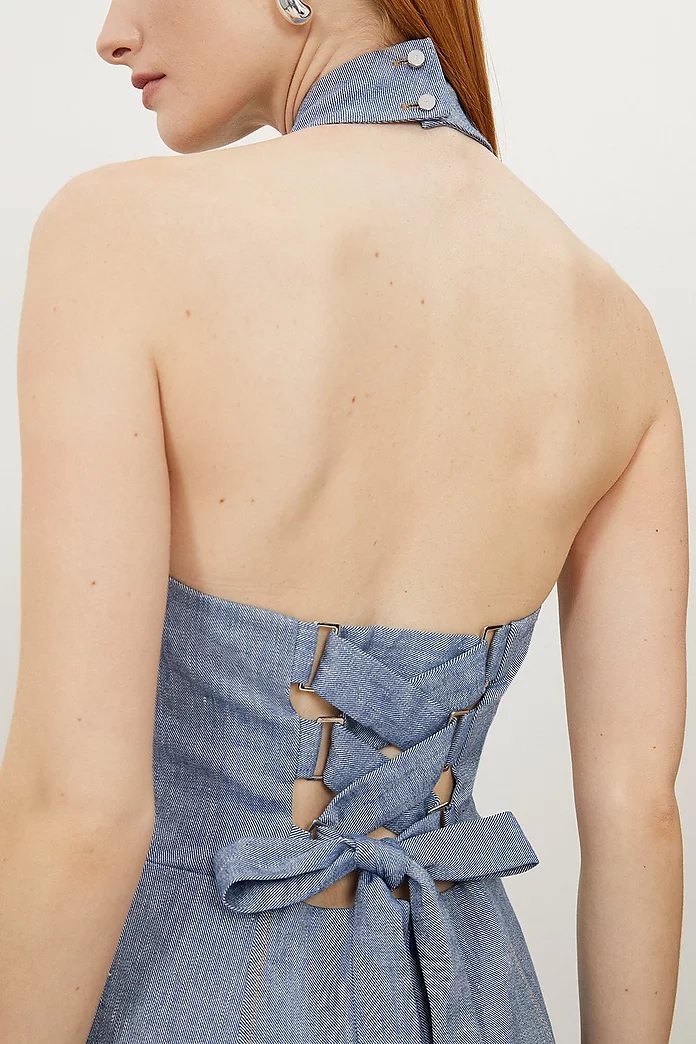 Petite Tailored Denim Linen Strappy Full Skirted Midi Dress Petite Tailored Denim Linen Strappy Full Skirted Midi Dress