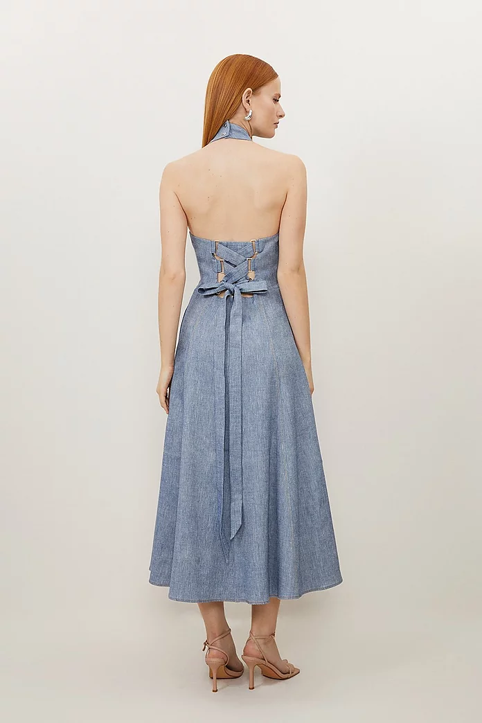 Petite Tailored Denim Linen Strappy Full Skirted Midi Dress Petite Tailored Denim Linen Strappy Full Skirted Midi Dress