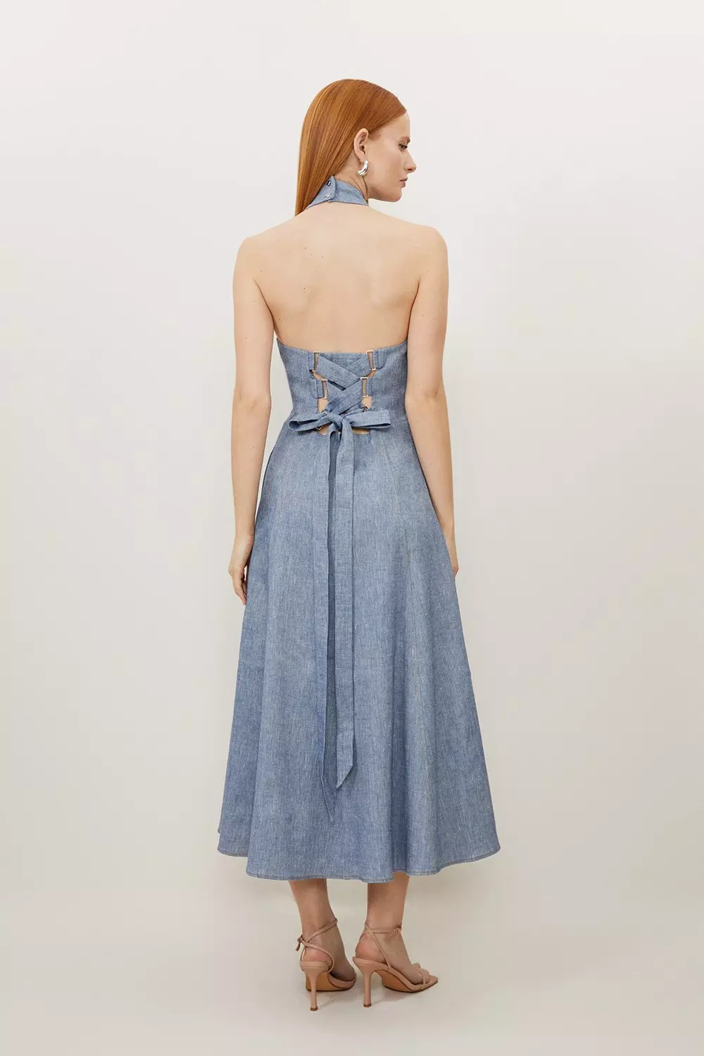 Tailored Denim Look Linen Strappy Full Skirted Midi Dress Karen Millen