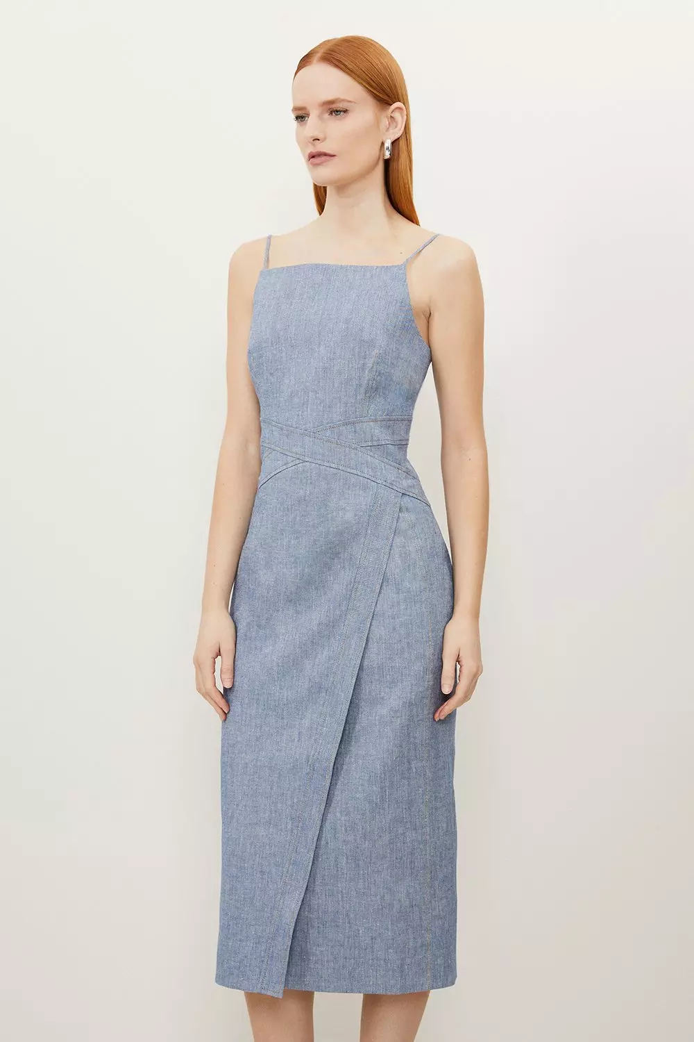 Tailored Denim Look Linen Strappy Pencil Midi Dress Karen Millen