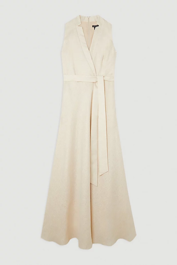 Petite Tailored Linen Metallic Notch Neck Maxi Dress | Karen Petite Tailored Linen Metallic Notch Neck Maxi Dress | Karen