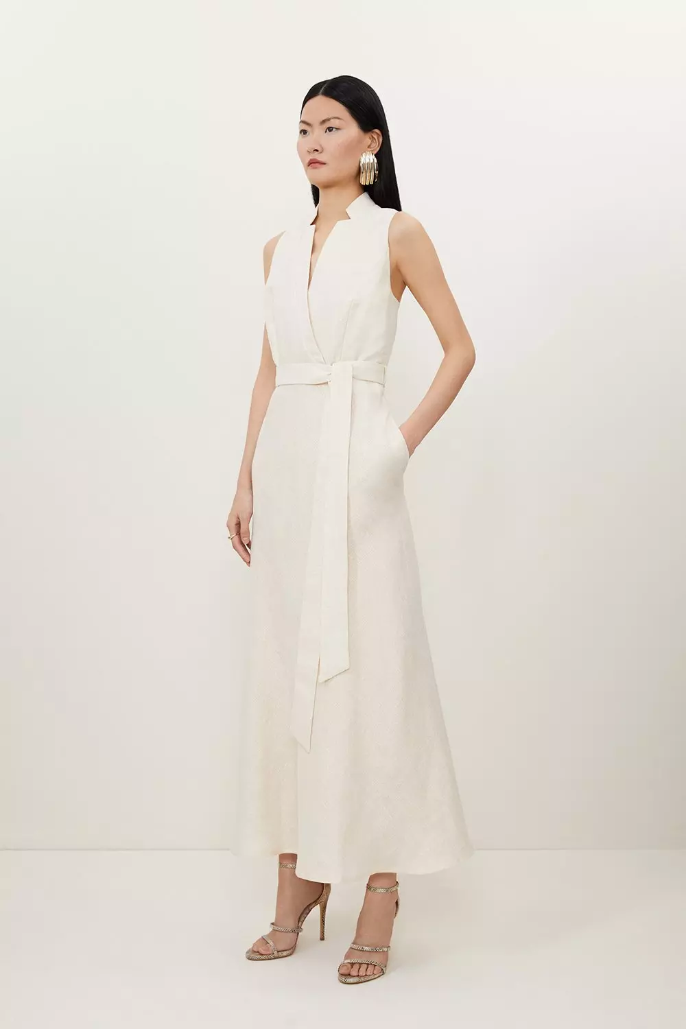 【Karen Millen】ニット ドロップ アシンメトリー ワンピース Viscose Blend Rib Knit One Sleeve Maxi Dress | Karen Millen