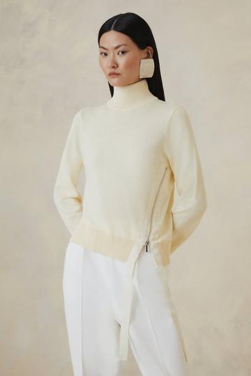 The Founder Linen Blend Knit Satin Detail Turtleneck cream