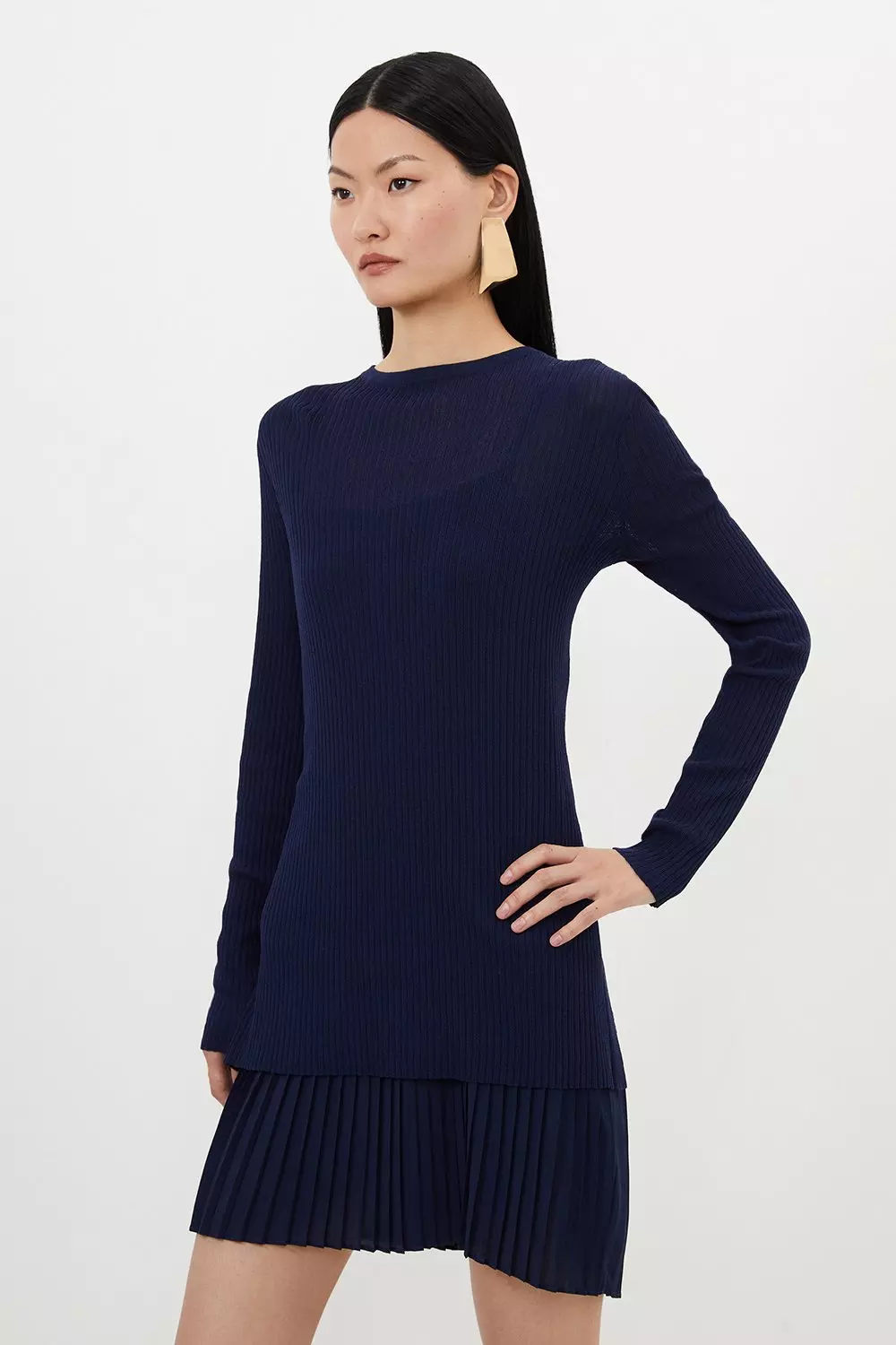 Rib Knitted 2 In 1 Dress With Georgette Pleated Slip Karen Millen