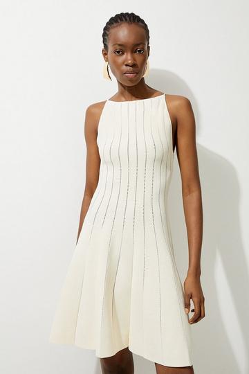 Cream White Viscose Blend Sheer Detail Knit Flippy Mini Dress