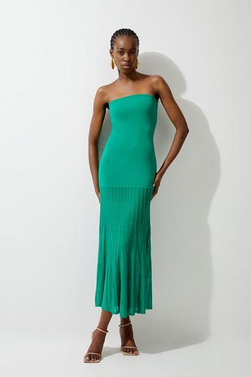 Green Viscose Blend Sheer Knit Bandeau Pleated Skirt Midaxi Dress