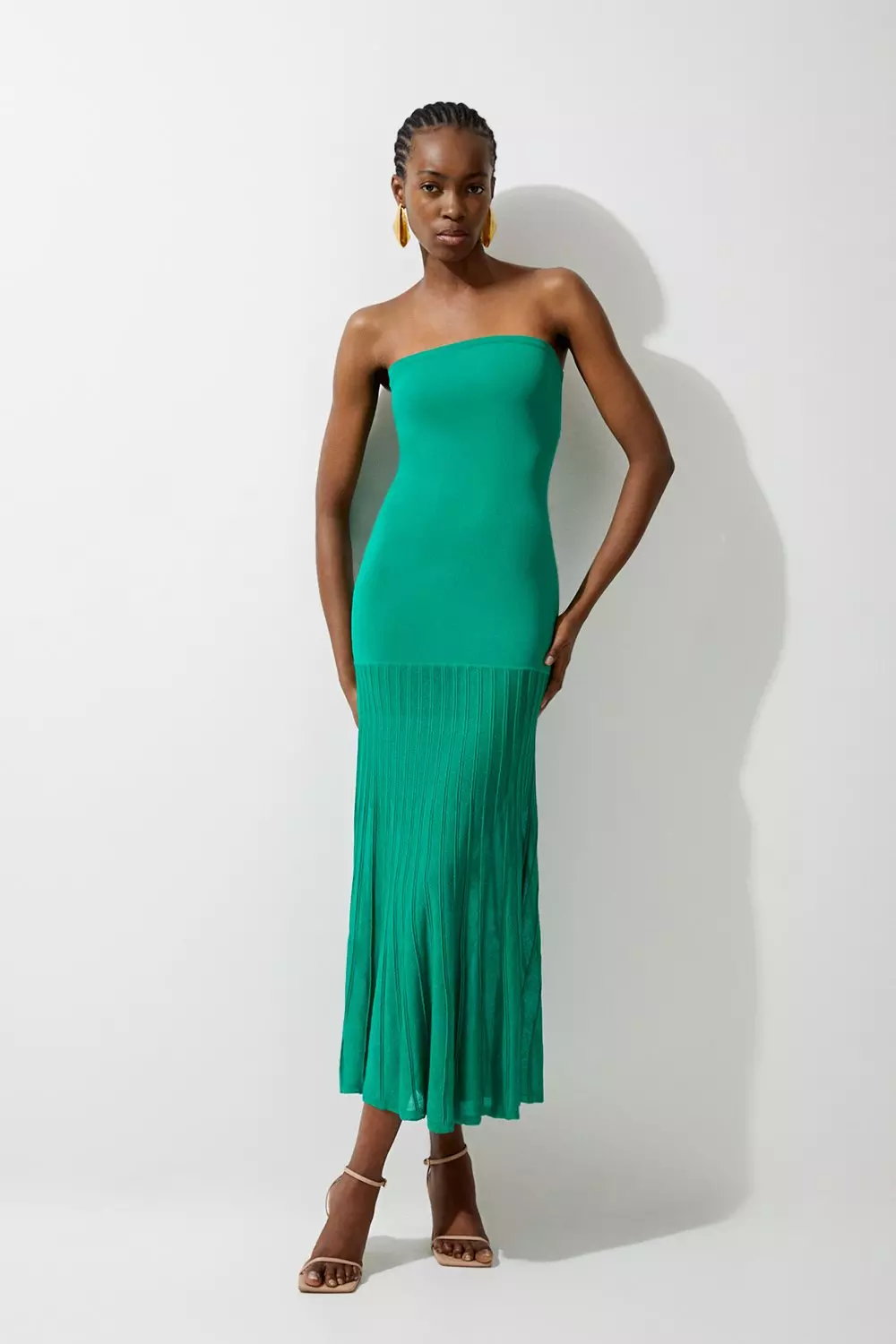 Viscose Blend Sheer Knit Bandeau Pleated Skirt Midaxi Dress | Karen Millen