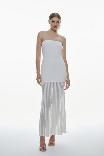 White Viscose Blend Sheer Knit Bandeau Pleated Skirt Midaxi Dress