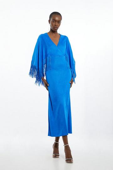Viscose Blend Slinky Knit Fringed Kimono Sleeve Midaxi Dress cobalt
