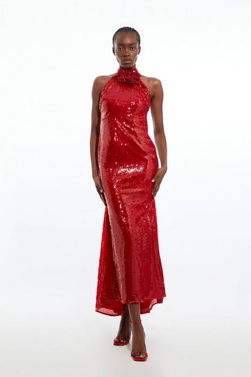 Sequin Rosette Halter Woven Maxi Dress rose gold