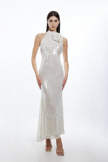 White Sequin Rosette Halter Woven Maxi Dress