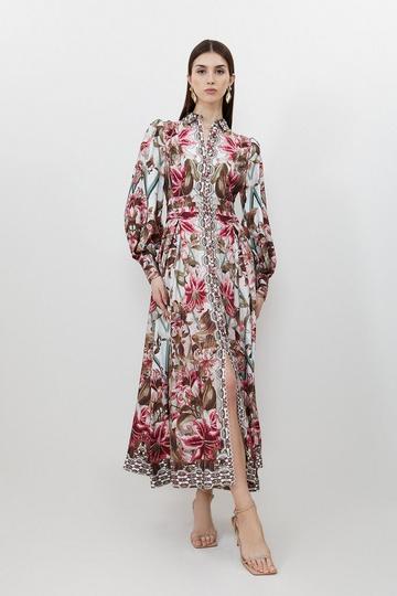 Multi Linen Viscose Border Print Floral Woven Maxi Dress