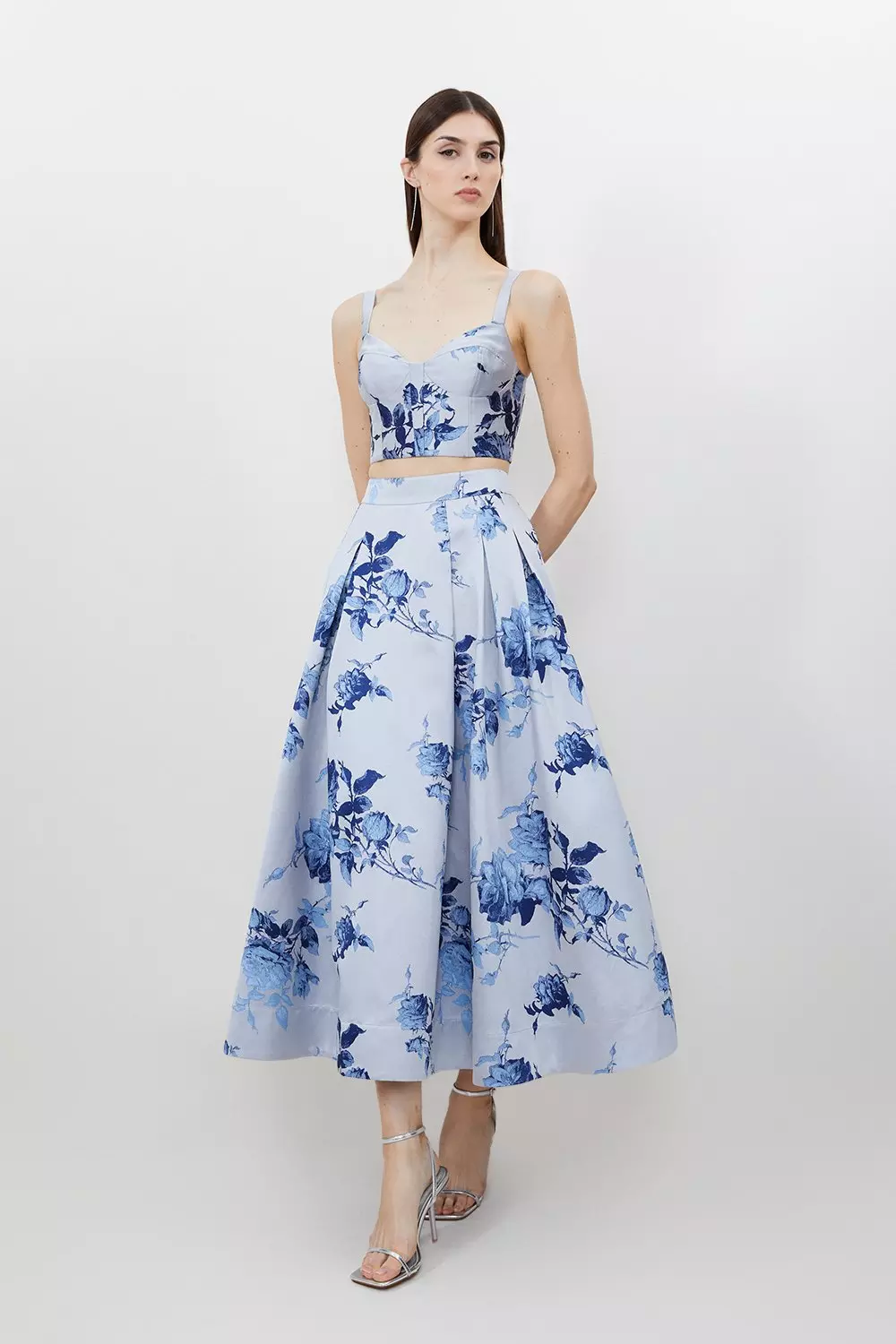 Zara Floral Jacquard Ruffled Strapless Bustier Rhinestone