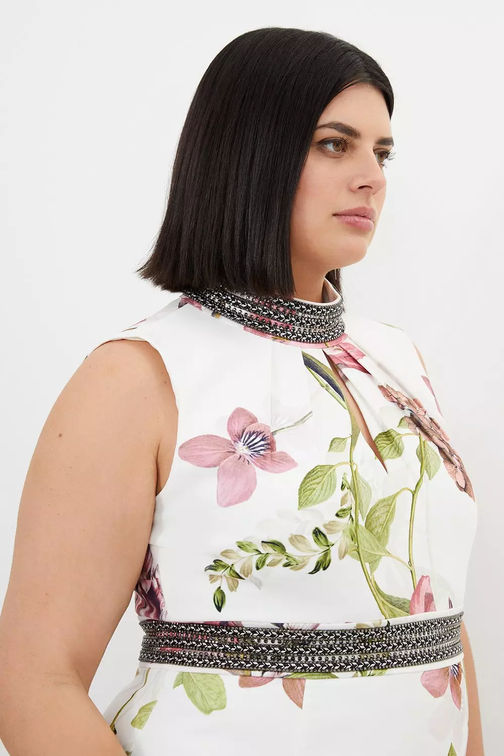 Plus Size Diamante Trim Floral Woven Sleeveless Maxi Dress