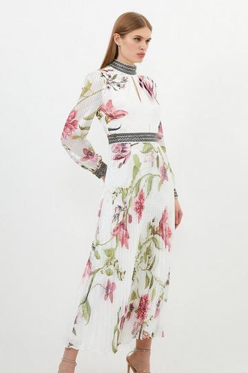 Multi Petite Diamante Trim Delicate Floral Woven Maxi Dress