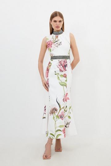 Diamante Trim Delicate Floral Woven Sleeveless Maxi Dress floral