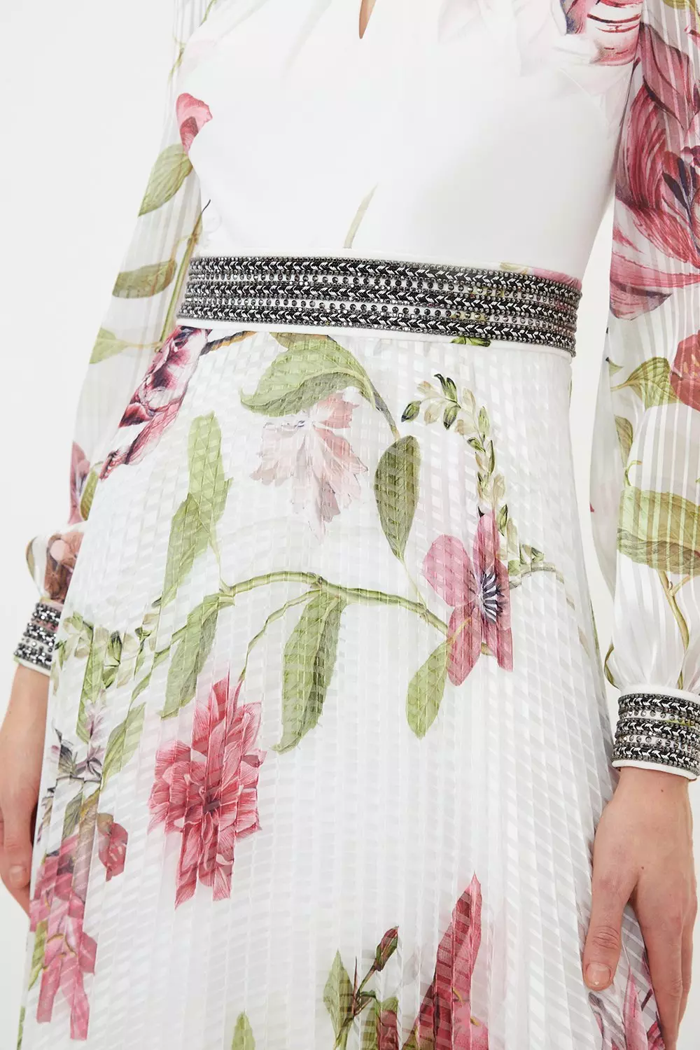 ★Karen Millen★ フローラルプリーツディテールマキシドレス Plus Size Floral Print Pleated Skirt Tie Neck Detail Woven