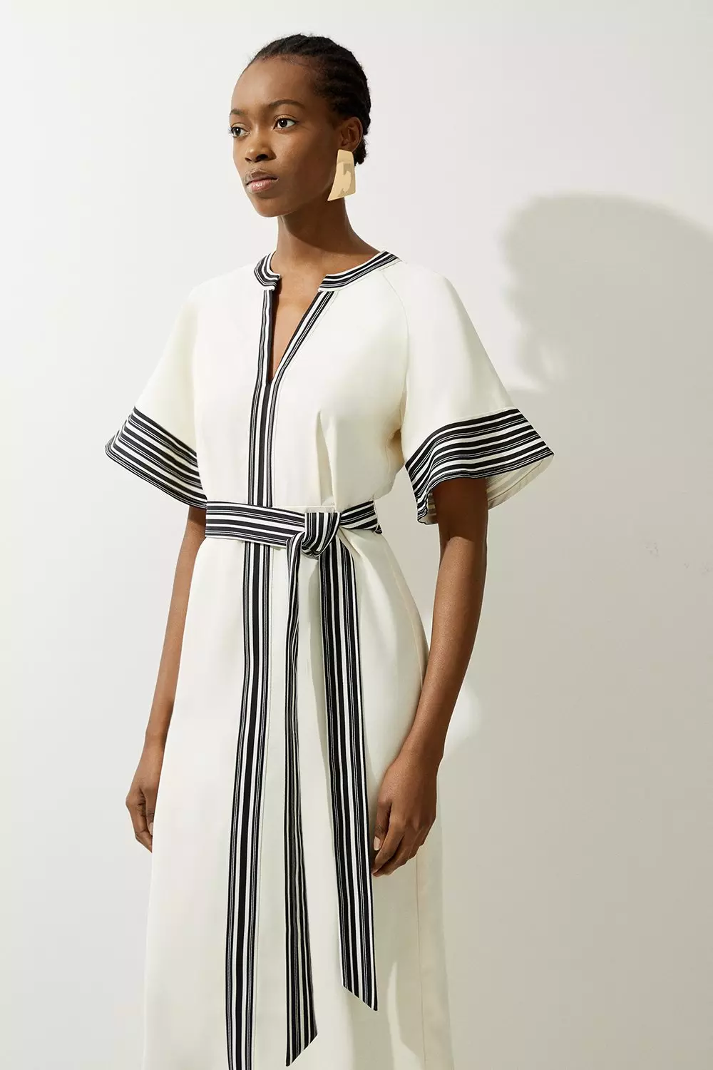Tall Contrast Stripe Mono Twill Woven Belted Midi Dress