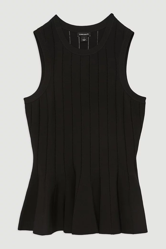 Viscose Blend Pointelle Detail Knit Racer Peplum Top | Karen Viscose Blend Pointelle Detail Knit Racer Peplum Top | Karen