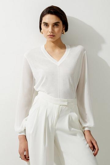 Cream White Lightweight Viscose Blend Summer Knit Georgette Sleeve Top